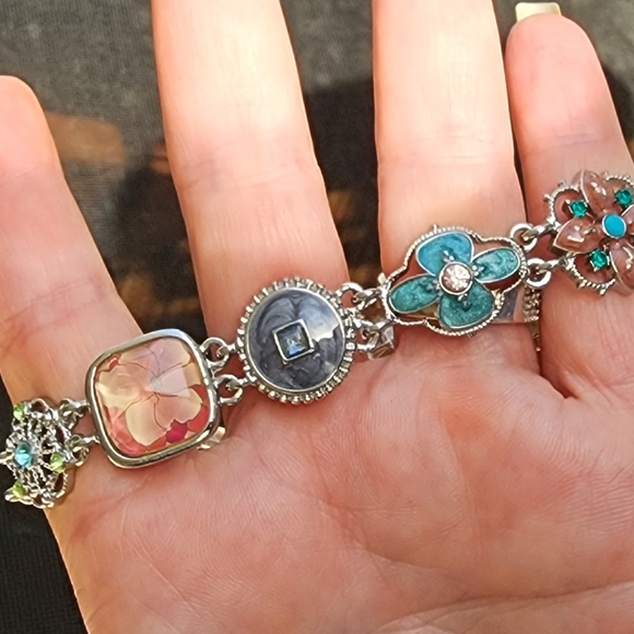 Napier Jewelry - Napier Silver and Turquoise Floral Enamel Rhinestone Bracelet Designer Jewelry